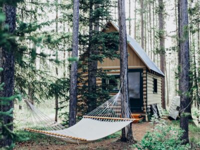 a cosy wooden cabin in the forest with a cream hammock set in front between two trees